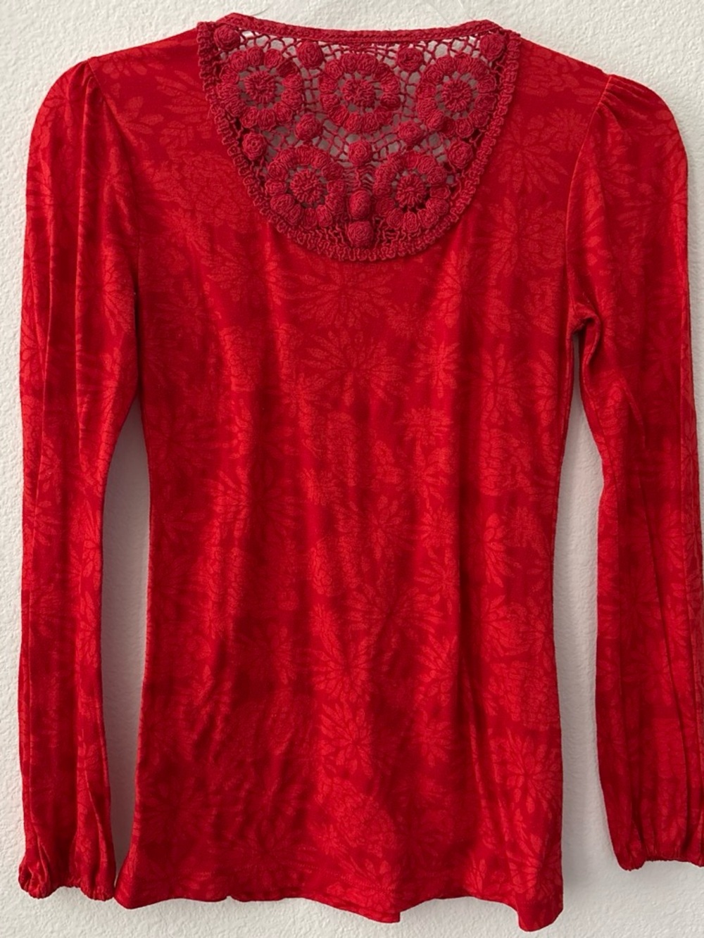 Crochet Lace Fairy Boho Red Lace-Yoke Long Sleeve Knit Top - Picture 2 of 3